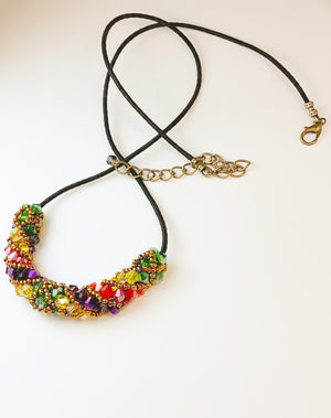 Jewel Crystals with Bronze Seed Beads Woven on a Silk Cord