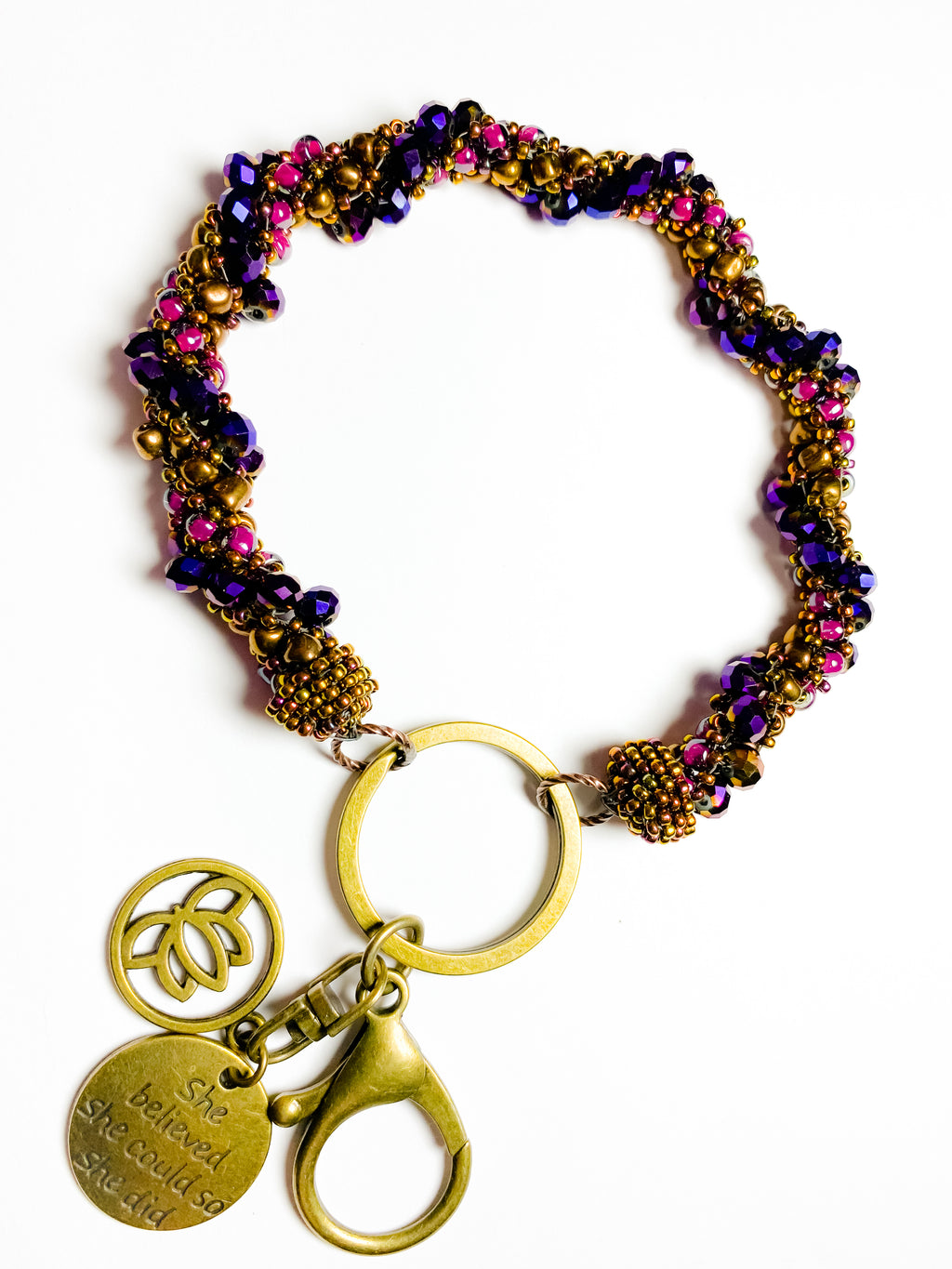 Affirmation Key Keeper - "She believed she could so she did" Purple Metalic Crystals, magenta  & Bronze Seed Beads