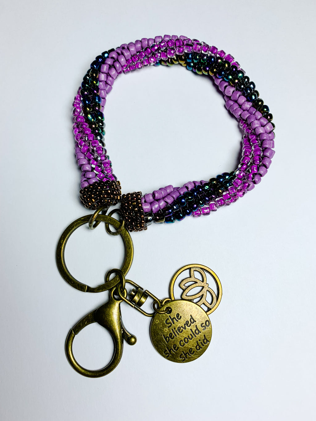 Affirmation Key Keeper "She believed she could so she did"  Bronze, Oil Spill, Lavendar and Magenta Seed Beads