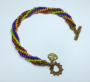 Beaded Charm Bracelet Against the Evil Eye -Bronze, Purple, Green, Gold and Red