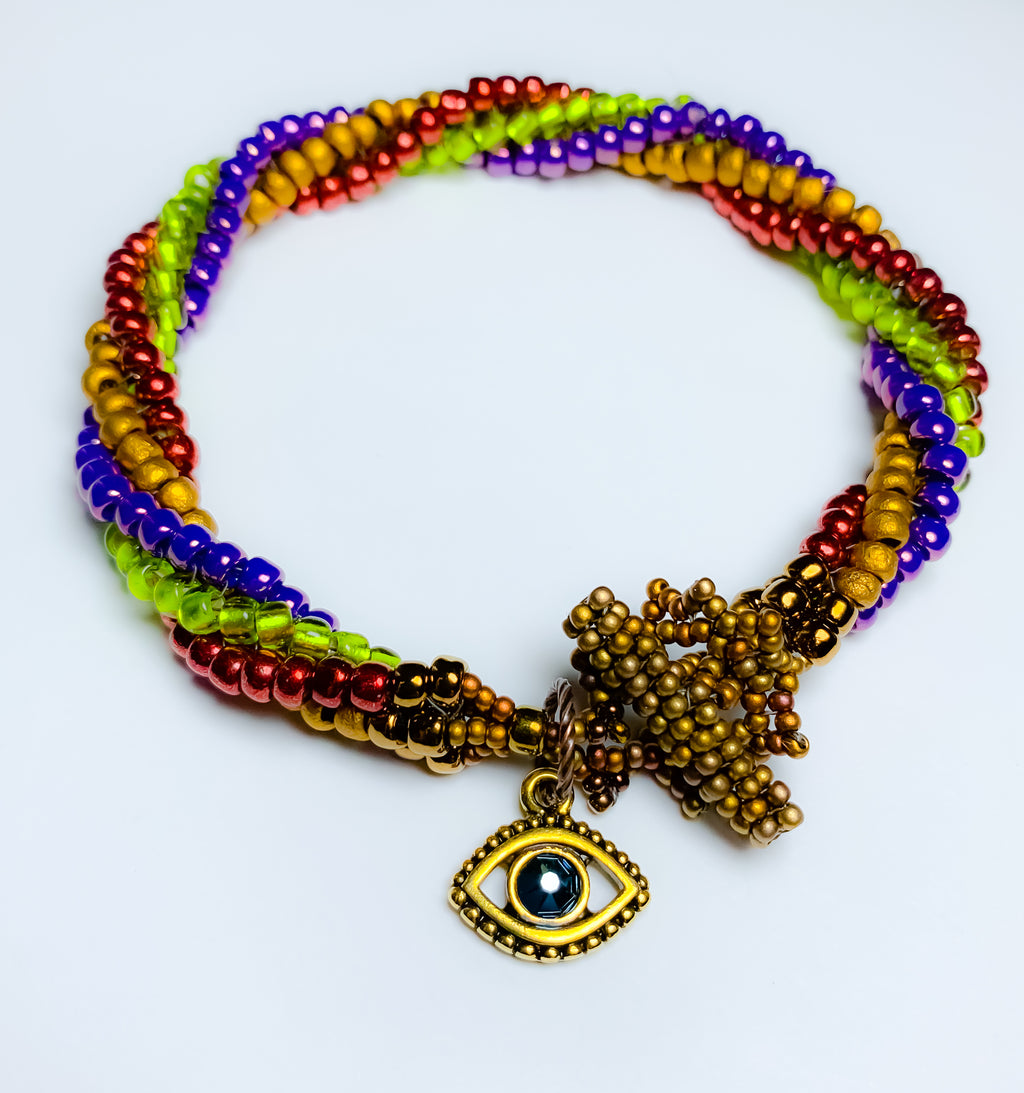 Beaded Charm Bracelet Against the Evil Eye -Bronze, Purple, Green, Gold and Red