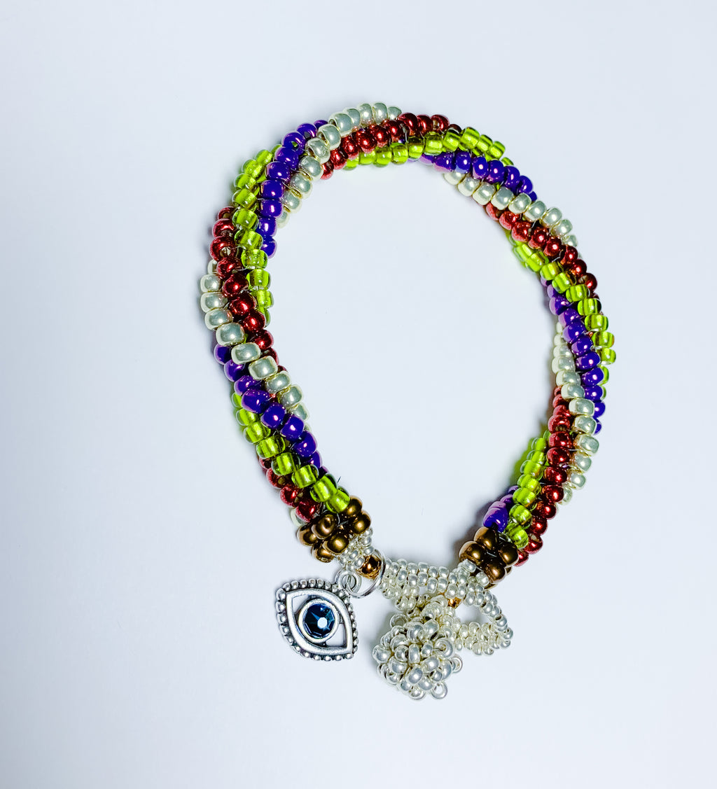 Beaded Charm Bracelet Against the Evil Eye -Silver, Bronze, Purple, Green and Red