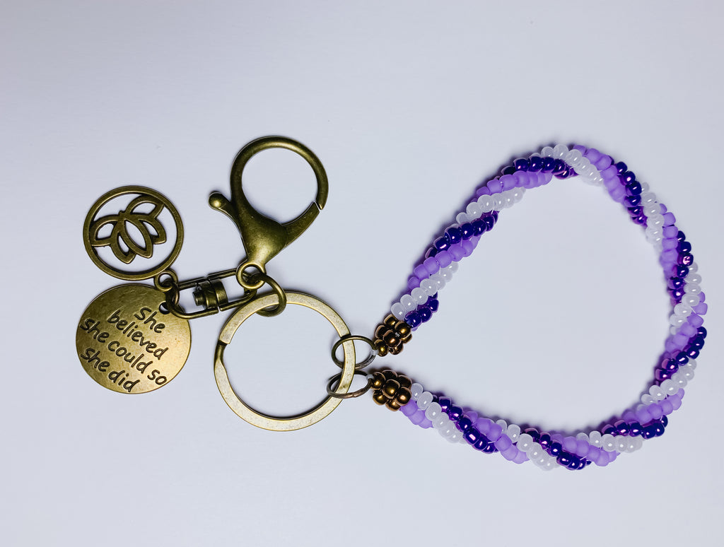 Affirmation Key Keeper - "She believed she could so she did"  White, Purple and Dark Purple Seed Beads
