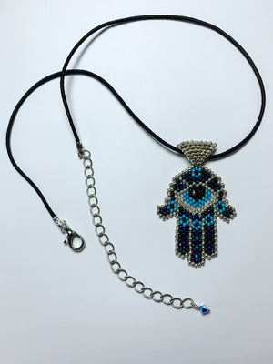 Hamsa Hand Silver, Black, Teal, and Blue Seed Beads on Leather Cord