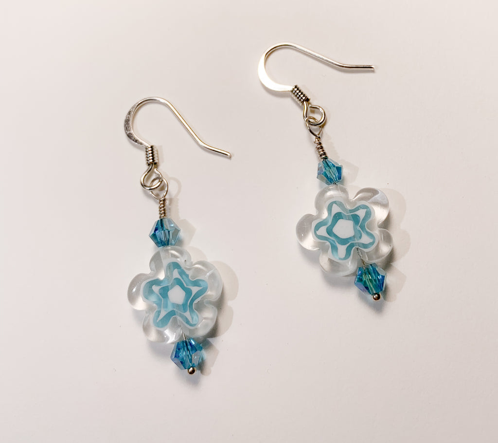 Aqua Blue Milliefiori Bead Earrings With Aqua Crystals (Sterling Silver, Argentium Silver)
