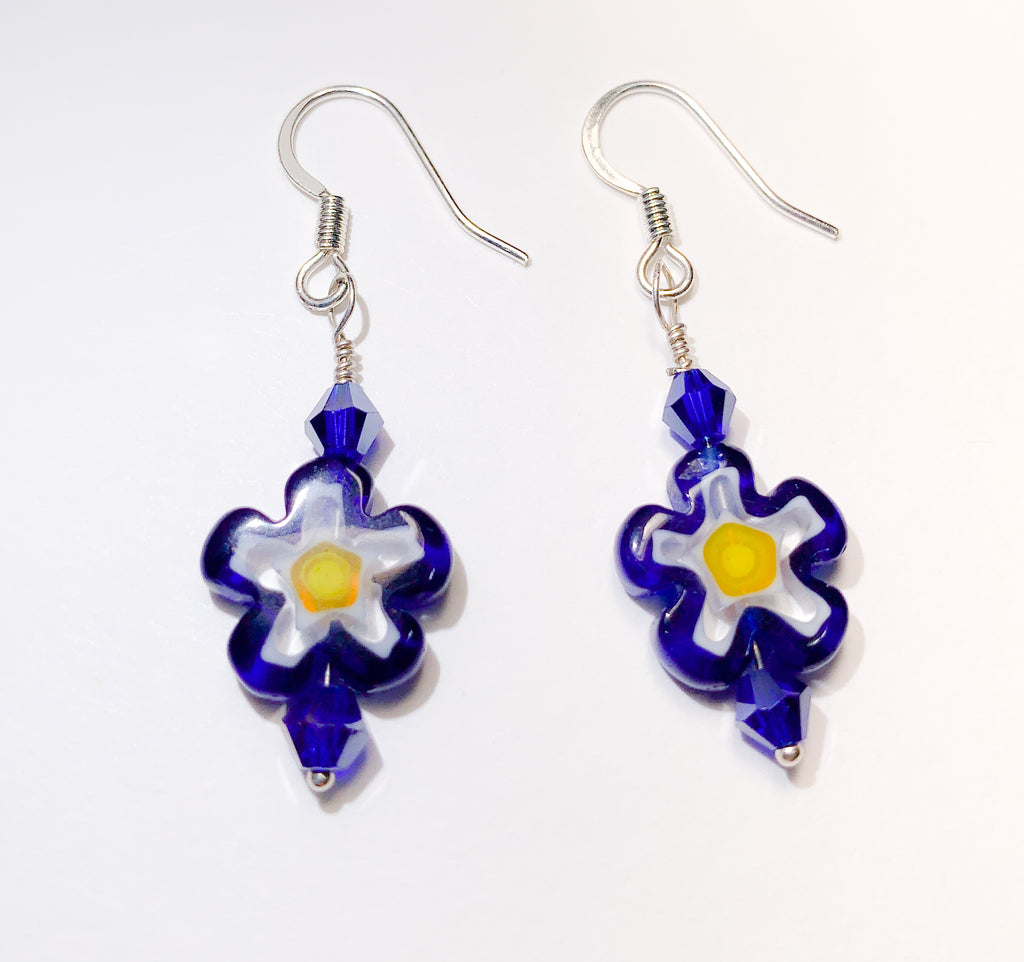 Cobalt Blue Milliefiori Bead Earrings With Cobalt Crystals (Sterling Silver, Argentium Silver)