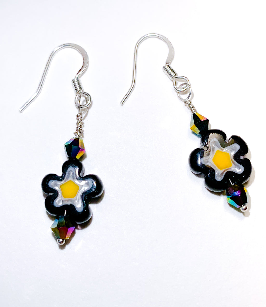 Black Milliefiori Bead Earrings With Holographic Crystals (Sterling Silver, Argentium Silver)