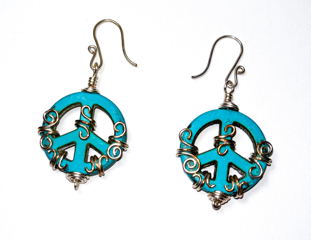 Peace sign in turquoise color Silver wire wrapped earrings
