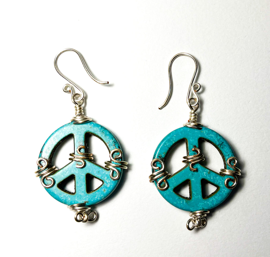 Peace signs in turquoise color Silver wire wrapped earrings