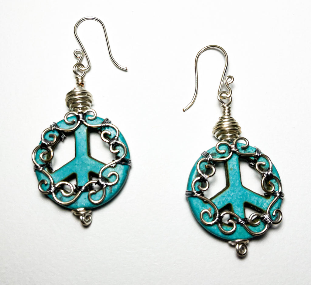 Peace signs in turquoise color Silver and Titanium wire wrapped earrings