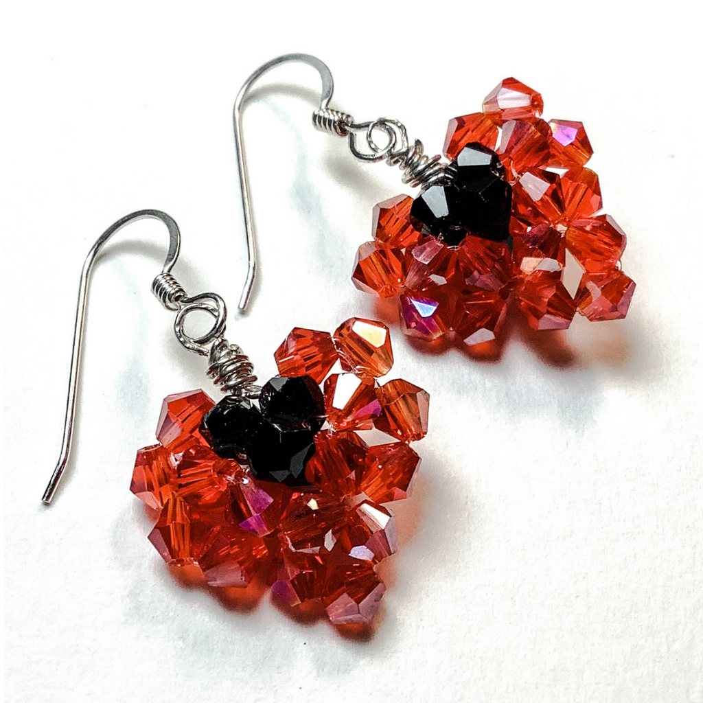 Red and black crystal woven heart earrings